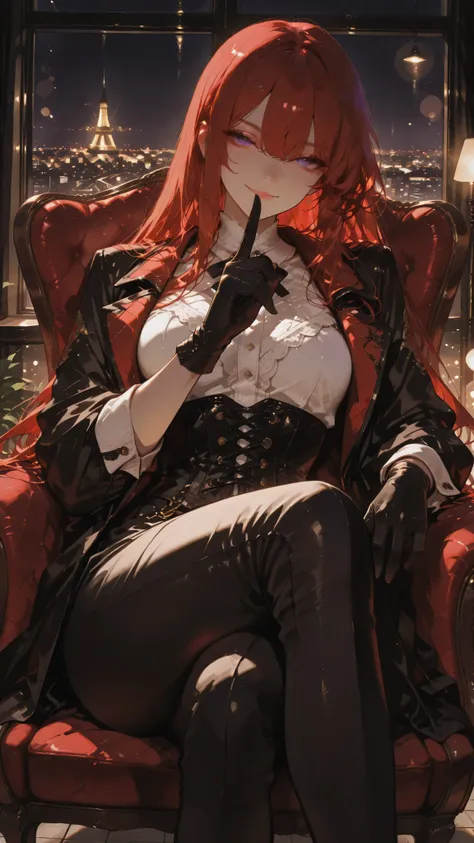 Anime girl character, long straight hair, red hair, purple eyes, Kamidere expression, domineering and half-closed gaze with penetrating intensity, sovereign and confident smile with arrogant serenity, toned body. Wearing a dark red trench coat, white top, ...
