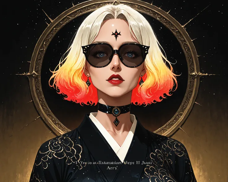 (Best Quality, sketch:1.2),Realistic,Illustrationレーター,Anime, 1 girl, Detailed lips, kimono,custom, black and gold gradient background ,Neon Hair,Textureクロッピング, masterpiece, style retro classic , Black Style 、Illustration、art、70s horror movie poster , S...