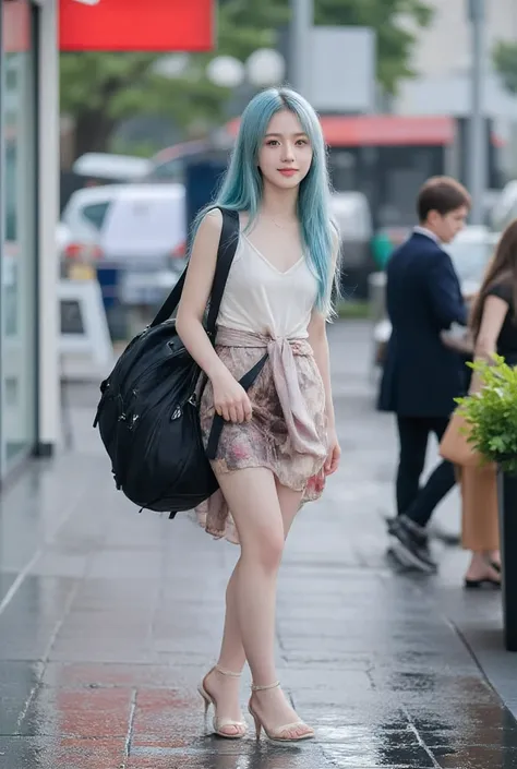 full potrait, young korean girl 1:3, walking solo travel, beautiful face, smiling, hair colour light blue, longhair, wet top, short skirt,wearing travel bagpack big from her 1.5:1, [Style: "masterpiece, realistic, photorealistic realism, ultra-detailed, UH...