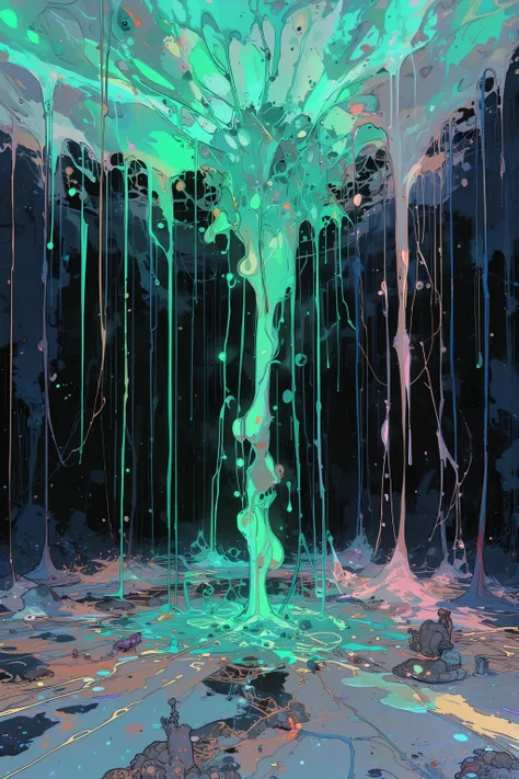 florescent paint dripping down a black background. 