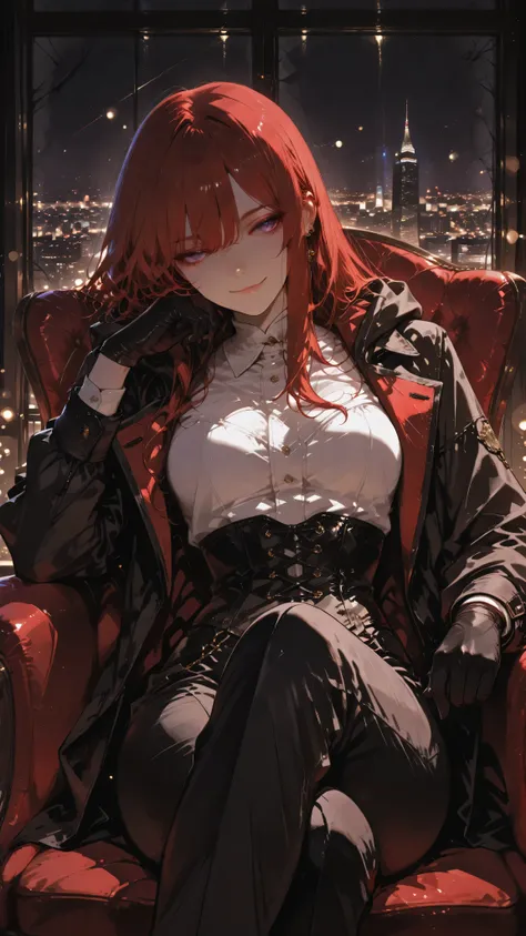Anime girl character, long straight hair, red hair, purple eyes, Kamidere expression, hooded gaze with piercing intensity, confident smile with arrogant serenity, toned body. Wearing a dark red trench coat, white top, black corset, gold finish, tailored pa...