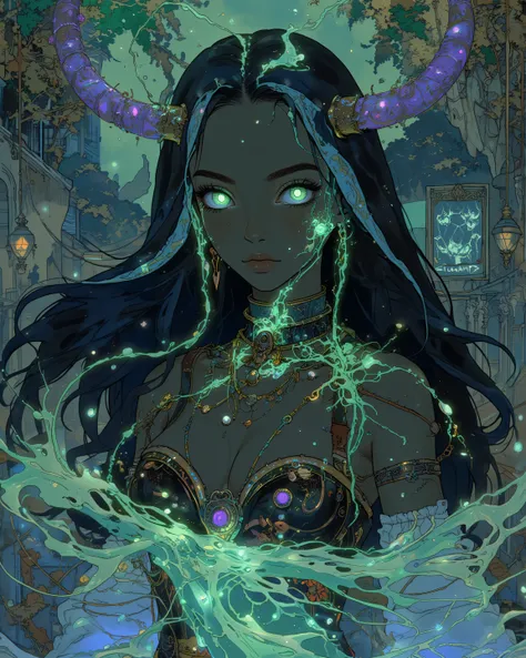 3d (neon light green and violet ),sexy nun, black woman, bare chested, devil horns \(large\), highly detailed, dmt, witch, geodes, glowing eyes, light flowing in and out of her body, flowing glowing water, metal, art nouveau