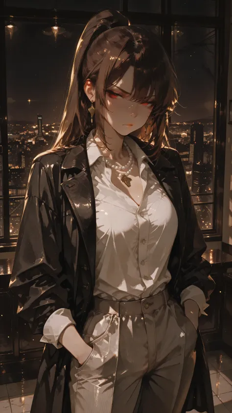 Anime girl character, long straight hair, high ponytail, brown hair, red eyes, Tsundere expression, half-closed, averted gaze, dramatic pout, slightly blushed, toned body. Wearing a unbuttoned white dress shirt, long black overcoat, grayish brown tailored ...
