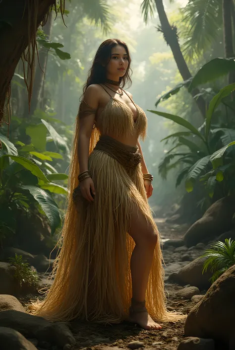 Primitive age era, (prehistoric age era:1.6), ((Realistic cinematography ultra-wide angle depth intense details of realistically stunning tropical jungle landscape scenery)),a focusing realistic happy female bard,an ultra detailed jungle scenery,livelihood...