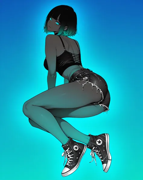 woman,sexy harnesses, black cut off shorts, converse sneakers,illustration,gradient,spot color,blue,green.