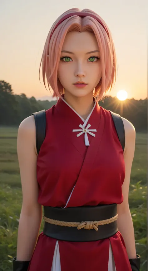 1girl, solo,haruno sakura,emerald eyes,pink hair,short hair,outdoors,potrait,small breast,nature, standing on battlefield,sidelocks,(sunset lighting:1.5),red sunset,looking at viewer, front view,close up,black glove,(war zone background:1.5),(shinobi outfi...