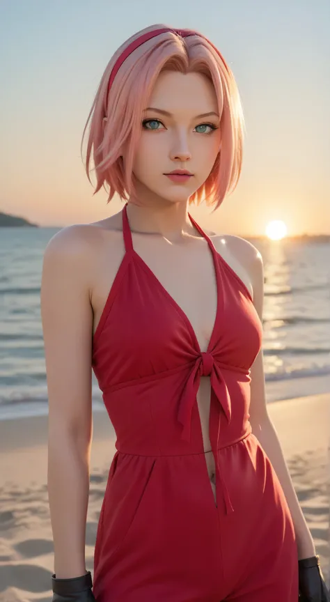 1girl, solo,haruno sakura,emerald eyes,pink hair,short hair,outdoors,potrait,small breast,nature, standing on battlefield,sidelocks,(sunset lighting:1.5),red sunset,looking at viewer, front view,close up,black glove,(war zone background:1.5),(beach outfit:...