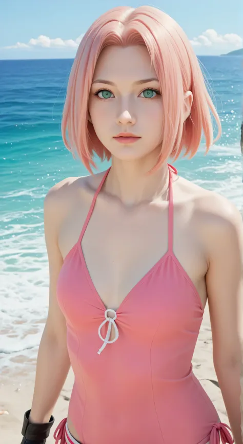 1girl, solo,haruno sakura,emerald eyes,pink hair,short hair,outdoors,potrait,small breast,nature, standing on battlefield,sidelocks,looking at viewer, front view,close up,black glove,(ocean background:1.5),(beach outfit:1.5)