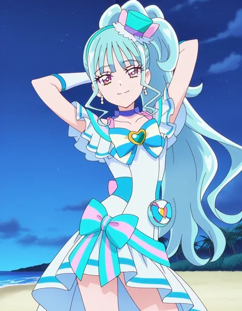 Cure Lillian, light blue hair, very_long_ponytail, wavy hair, purple_eyes, multicolored eyes, small_breasts, earrings, mini hat, hair_ornaments, bangs, light blue precure costumes, anime screencap, high quality, solo, night sky, beach, arms behind head, ((...