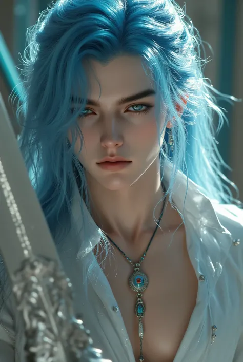 Very long blue wavy hair、 Very Big Light Blue Eyes 、Cyan eyebrows、Smooth, silky skin with a thin jaw、A gorgeous, very wide, big sword、men have impressive, large, and light blue eyes、gorgeous male fantasy costume、gorgeous necklace、gorgeous earringsした美男子、gor...