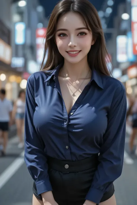 Japanese attractive adult woman standing in downtown Kyoto, navy blue shirt fully wrapping her big breasts, black tight mini skirt, seductive smile with perfect white teeth, transparent dark brown eyes, long eyelashes and natural double eyelids, sophistica...