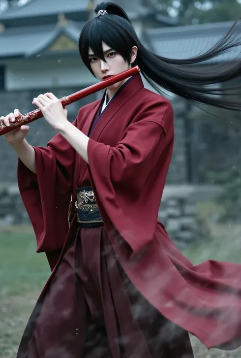  flute the flute((Straight Long Black Hair Ponytail Swaying in Strong Wind))Clean, high nose、Beautiful White, Smooth Silk Skin、A clean and very thin chin、Thin and Tall Men、Big dark eyes with impressive eyes、Men's Kimono Dark Red Outfit、Dark Red Male Kimono...