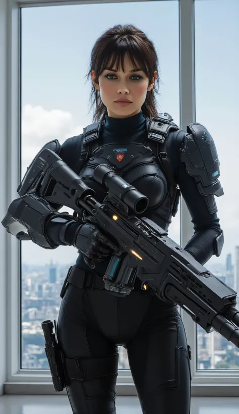 Olga Kurylenko as Faye Lee, Binary Domain, futuristic special forces soldier, sleek high-tech tactical suit, holds a massive futuristic sniper rifle, glowing accents, posed confidently, in front of large windows overlooking a modern cityscape, form-fitting...