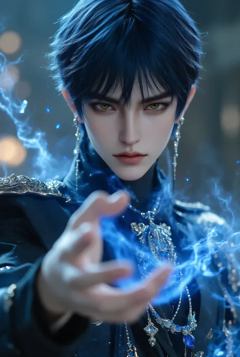 Glaring、hanging eye、A clean and very thin chin((Dark blue short hair))thin lips、Clean, high nose、white, smooth, beautiful silk skin men、hanging eyeの濃青目が印象的、well-groomed dark blue male fantasy costume、gorgeous earrings、Jeweled necklace、Magic Ring、Ultra Fine...