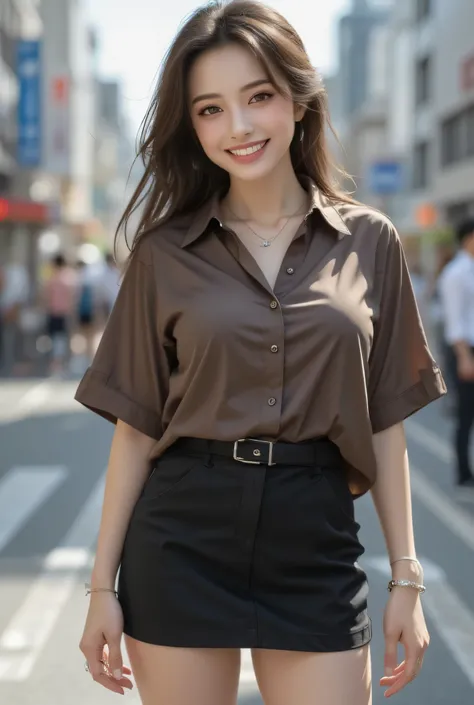 Japanese attractive adult woman standing in downtown Tokyo, dark brown collared shirt completely wrapping her huge breasts, black tight mini skirt, seductive smile with perfect white teeth, transparent dark brown eyes, long eyelashes and natural double eye...