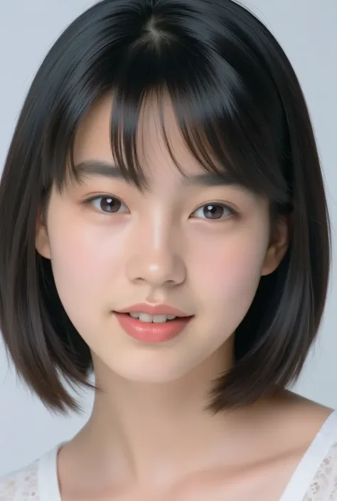 (masterpiece, Highest Quality:1.2), white women、from the front, beautiful girl with a pretty face, Age 15, Blushing fair skin、Moist and shining eyes、shiny black hair、smooth fair skin、 One ear sticking out、Sensual facial expressions、Picture above the should...