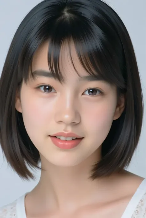 (masterpiece, Highest Quality:1.2), white women、from the front, beautiful girl with a pretty face, Age 15, Blushing fair skin、Moist and shining eyes、shiny black hair、smooth fair skin、 One ear sticking out、Sensual facial expressions、Picture above the should...