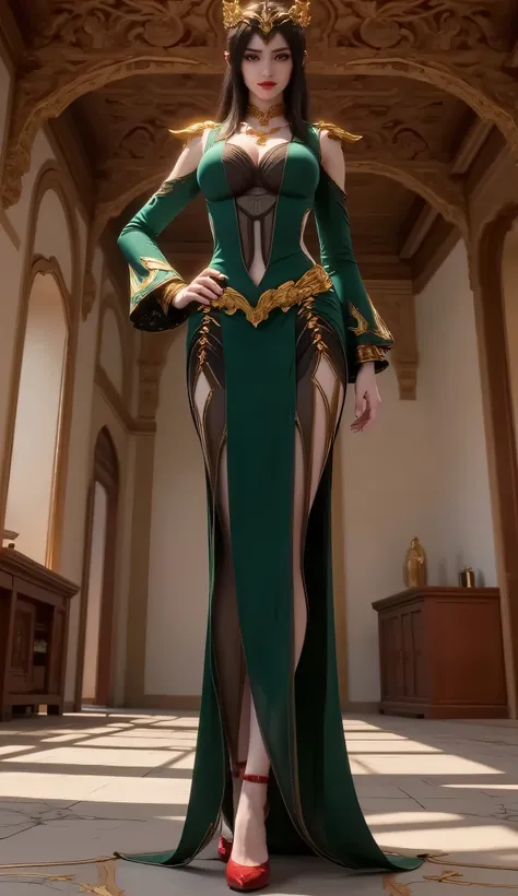 Extreme worm's-eye view photograph of imposing woman shot from floor level with dramatic wide-angle lens distortion, making her tower monumentally above viewer. Raven-haired beauty wearing emerald green gown with gold accents and high leg slit, crowned hea...