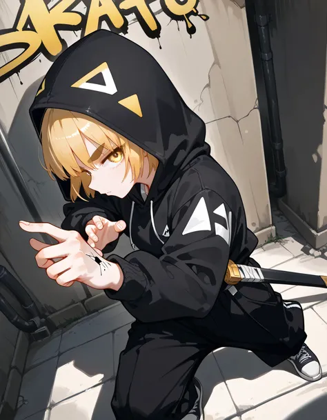 from above,profile,(dutch angle,dynamic cool fighting stance pose),looking at viewer,30years old,adult man face,male's eyes,zen1tsuag4tsuma, short hair, blonde hair, yellow eyes, thick eyebrows,adult man face,triangle print, black jacket, long sleeves, bla...