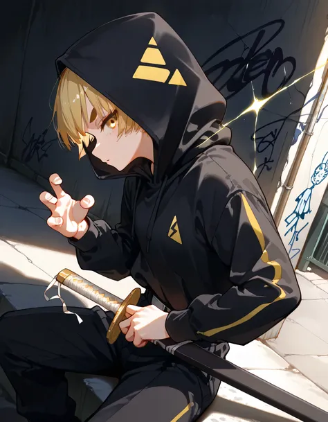 from above,cool sitting,profile,(dutch angle,dynamic cool fighting stance pose),looking at viewer,30years old,adult man face,male's eyes,zen1tsuag4tsuma, short hair, blonde hair, yellow eyes, thick eyebrows,adult man face,triangle print, black jacket, long...