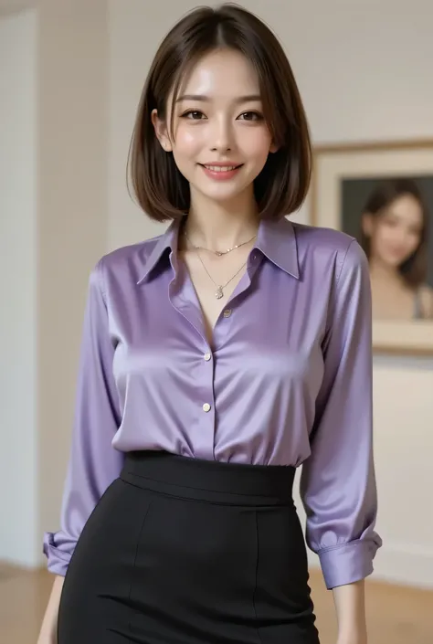 A sophisticated Japanese woman in her early forties captured in a cowboy shot (knee-up framing). She wears a purple silk blouse, its delicate pearl buttons subtly accentuating her huge breasts with elegance. A black tight mini skirt, 20cm above the knee, a...