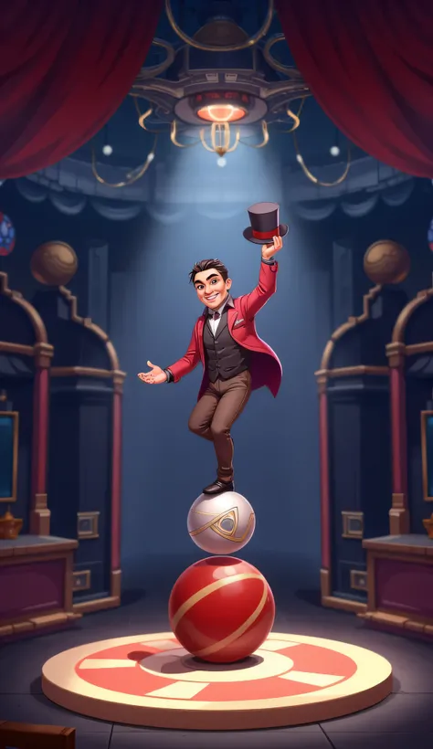 There is a pedestal,and a balance ball on it,standing on the ball,with one leg on the ball,One leg in the air,with his own high hat in his hand,a magician {x} with a kind smile on his face