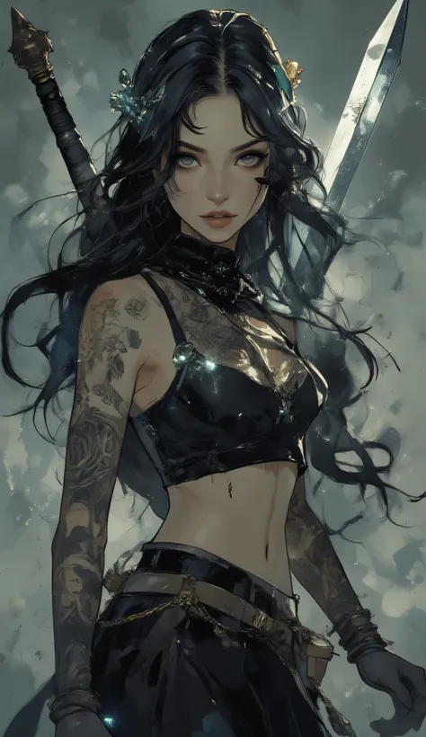 A hyper-detailed digital illustration of a woman with long, flowing black hair adorned with tiny glowing crystals that shimmer faintly. She has fair skin, a slender, athletic build, a visible navel piercing, and intricate tattoos covering her arms and tors...