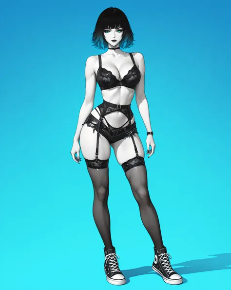 f3tishl1ngerie,f3tishl1ngerie, black bra, black thong, black garter belt,,,woman,sexy harnesses, black cut off shorts, converse sneakers,illustration,gradient,spot color,blue,green.