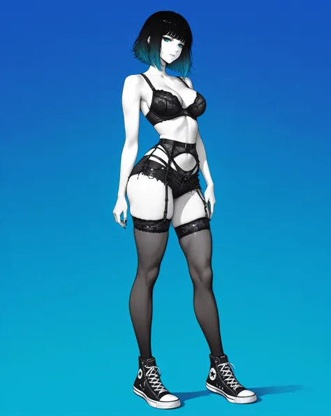 f3tishl1ngerie,f3tishl1ngerie, black bra, black thong, black garter belt,,,woman,sexy harnesses, black cut off shorts, converse sneakers,illustration,gradient,spot color,blue,green.