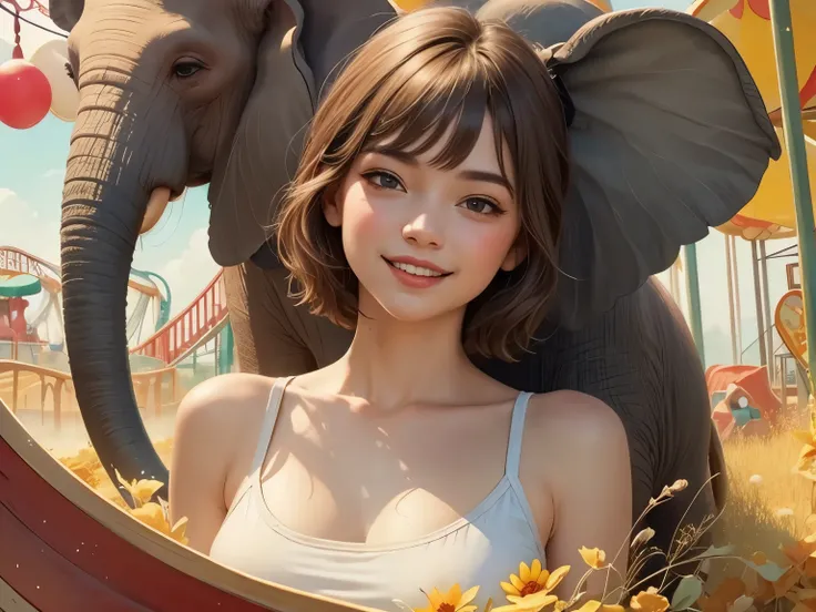 408 ((18 year old woman)),(Amusement Park),(short hair),(Shortcut),(Neat hair),(super high image quality),(Rembrandt Painting),(Archaic smile),2025.09.26,((Old Elephant Slide))), (Parks)