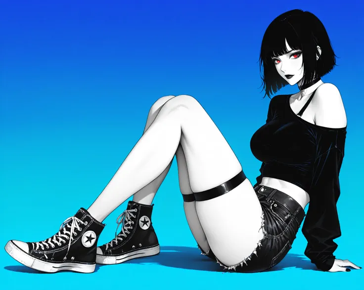 f3tishl1ngerie,woman,sexy harnesses, black cut off shorts, converse sneakers,illustration,gradient,spot color,blue,green.
