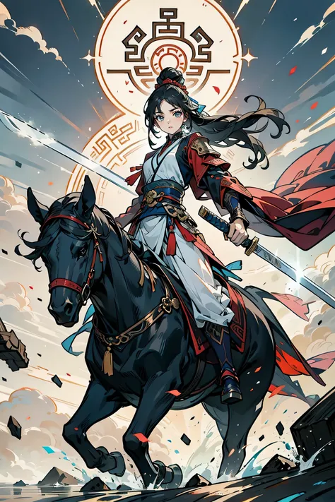 woman,19 years, dark red long hair ,Ancient Chinese Warrior Armor,holding a sword,Horseback riding,Fierce face, Solemn , male-like