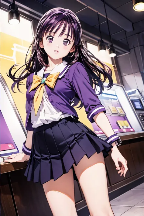(8k、of the highest quality、masterpiece:1.2)、(Realistic、super precise、ultra high res,(Pretty Cure now:1.21),beautiful small detail face,Shortcut:1.21,slender,perfect body,(1girl,black long hair),(School Uniform,purple shirt,navy skirt,white tie),Cute thighs...