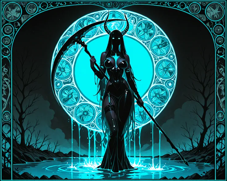 (limited palette:neon blue and violet ),sexy zombie, black woman, Scythe in hand, devil horns \(large\), highly detailed,returning from the dead, glowing eyes, light flowing in and out of her body, flowing glowing water, metal,, art nouveau