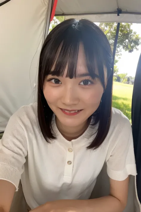 ((super high resolution,details,masterpiece)), soro camp, in front of tent, smile