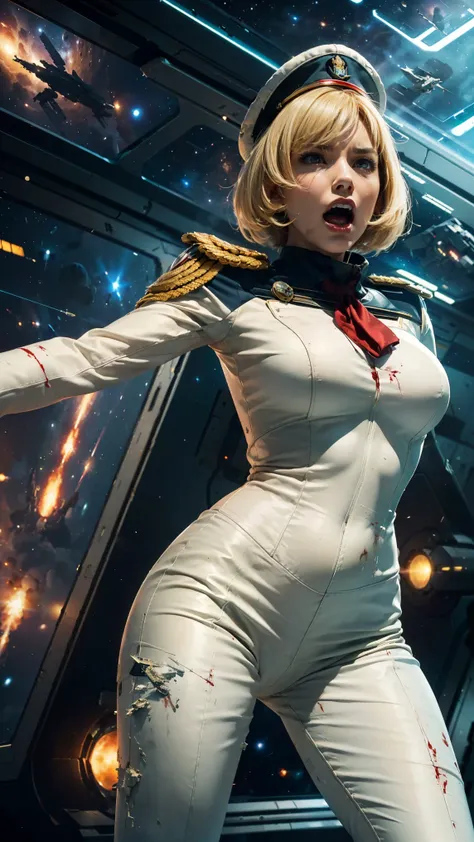 (The 8k quality, Ultra-high-resolution quality, Ultra high definition, Photorealistic, Best Quality, semi-realistic photography):5.0,
(​masterpiece):4.0,
(from oblique view, looking away, solo, injured  Frederica Greenhill rising her arm forward to signal ...