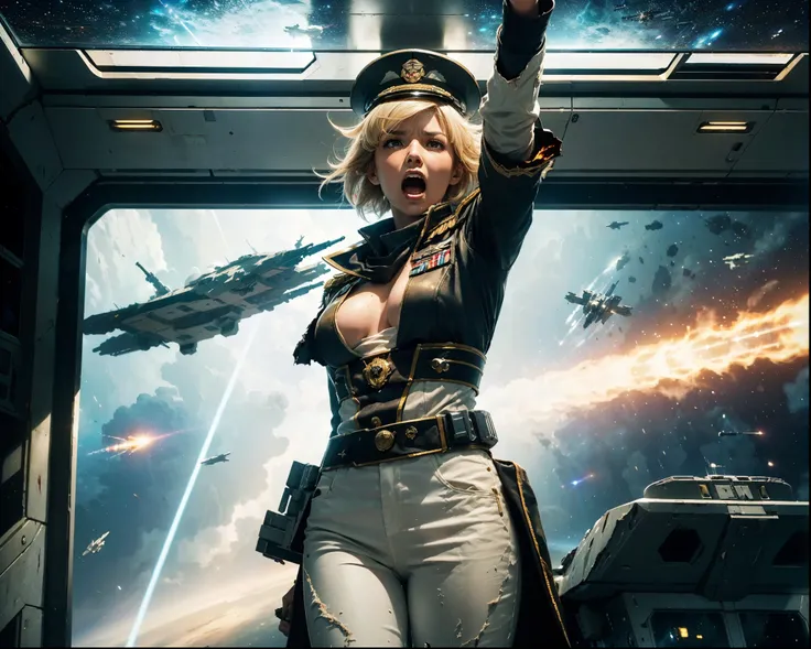 (The 8k quality, Ultra-high-resolution quality, Ultra high definition, Photorealistic, Best Quality, semi-realistic photography):5.0,
(​masterpiece):4.0,
(from below view, looking away, solo, injured  Frederica Greenhill rising her arm forward to signal at...