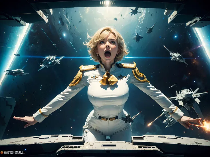 (The 8k quality, Ultra-high-resolution quality, Ultra high definition, Photorealistic, Best Quality, semi-realistic photography):5.0,
(​masterpiece):4.0,
(from below view, looking away, solo, injured  Frederica Greenhill rising her arm forward to signal at...