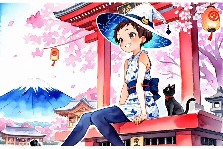 (((Watercolor-style))),(((Watercolor))),((no-outline)),((no- borders)),Blurred, HDR, (( Highest Quality )), ((masterpiece)), ( details),colorful,next to b,Japan Festival,well-dressed,girls,shrine,Petite, Slim,red very short hair,,dark brown eyes,black cat ...