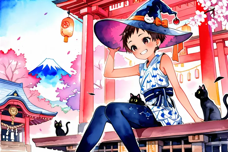 (((Watercolor-style))),(((Watercolor))),((no-outline)),((no- borders)),Blurred, HDR, (( Highest Quality )), ((masterpiece)), ( details),colorful,next to b,Japan Festival,well-dressed,girls,shrine,Petite, Slim,red very short hair,,dark brown eyes,black cat ...