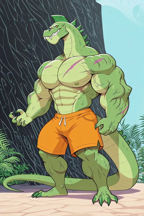 A gigantosaurus rex, g-rex, green giant strong dinosaur, green scales skin, golden chest, ginormous biceps, enormous pectorals, detailed abs, long tail, full body, giant size, macro size, 50-foot size, 100 feets tall, lush jungle background, blue sky backg...