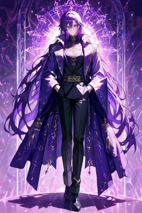 a detailed anime-style character , human, standing , full body , male standing pose, full body,head held high,purple shoulders back ,hands in pocket,The posture conveys power, poise, and a sense of readiness. A slight turn of the body, emphasizing the fl...