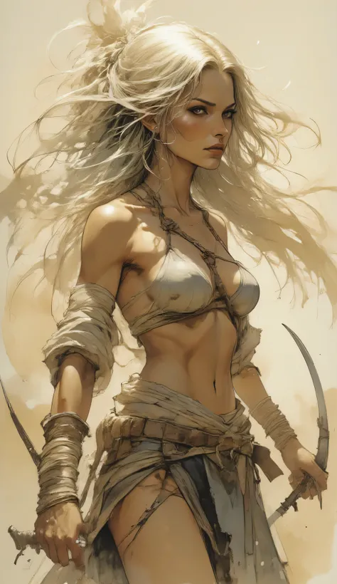 "A fierce and wild warrior stands in the middle of a dusty environment, wrapped in a soft light that emphasizes the details of her skin. Her long white hair is tied in a tail, with some locks that fall freely around her face. Her athletic and sinuous body ...