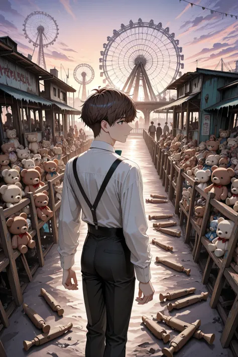 1boy, humanoid teddy bear, fluffy short brown hair with round teddy ears, big gentle eyes,
outfit: slightly worn pastel outfit with suspenders and ribbon bowtie, a bit patched and old but cute,
standing in an abandoned amusement park, broken merry-go-r...