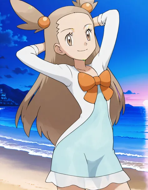 zzJasmine, brown eyes, hair bobbles, hair ornament, light brown hair, two side up, long hair, forehead, white cardigan, green dress, orange bow, sleeves past elbows, anime screencap, high quality, solo, night sky, beach, arms behind head, ((contrapposto))...