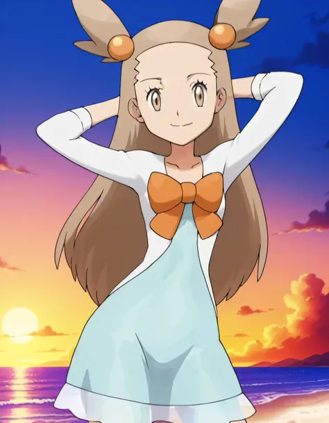 zzJasmine, brown eyes, hair bobbles, hair ornament, light brown hair, two side up, long hair, forehead, white cardigan, green dress, orange bow, sleeves past elbows, anime screencap, high quality, solo, night sky, beach, arms behind head, ((contrapposto))...
