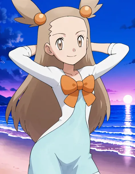 zzJasmine, brown eyes, hair bobbles, hair ornament, light brown hair, two side up, long hair, forehead, white cardigan, green dress, orange bow, sleeves past elbows, anime screencap, high quality, solo, night sky, beach, arms behind head, ((contrapposto))...