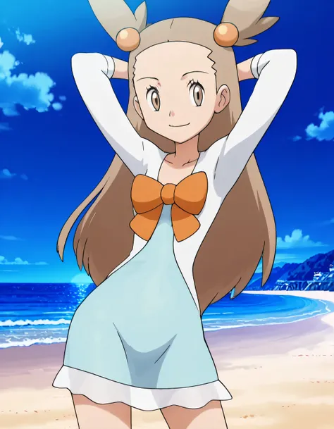zzJasmine, brown eyes, hair bobbles, hair ornament, light brown hair, two side up, long hair, forehead, white cardigan, green dress, orange bow, sleeves past elbows, anime screencap, high quality, solo, night sky, beach, arms behind head, ((contrapposto))...