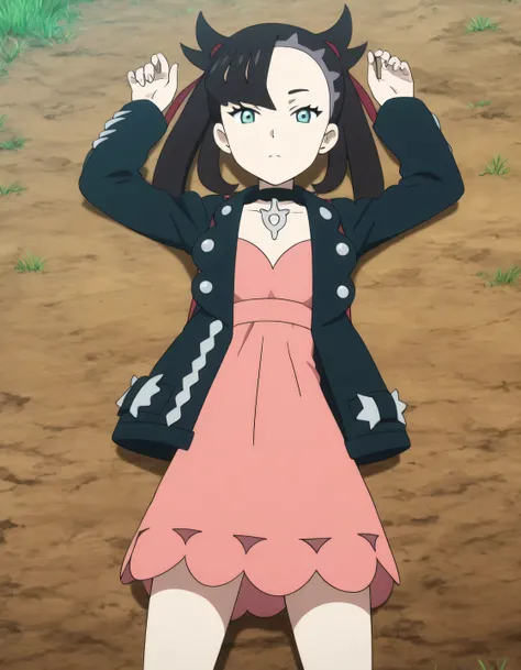 zzMarnie, aqua eyes, ,zzMarnie, aqua eyes, black choker, red ribbon, pink dress, jewelry, black jacket, open clothes, long sleeves, anime screencap, high quality, solo, lying, on back, arms up, legs apart, closed mouth, grass, cowboy shot, looking at vie...