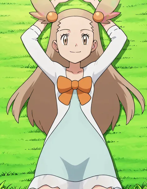 zzJasmine, brown eyes, hair bobbles, hair ornament, light brown hair, two side up, long hair, forehead, white cardigan, green dress, orange bow, sleeves past elbows, anime screencap, high quality, solo, lying, on back, arms up, legs apart, closed mouth, g...